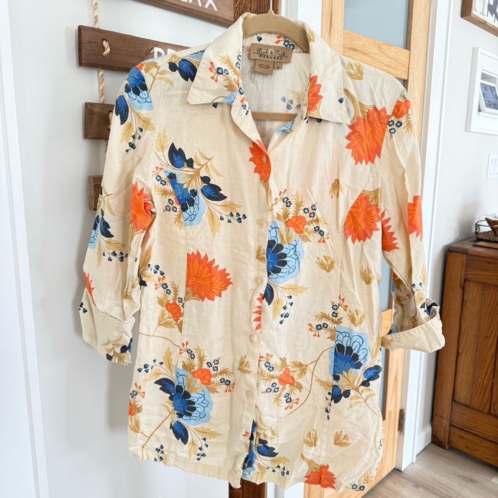 Peck & Peck 100% Linen 3/4 Sleeve Ivory Floral Button-Up Shirt Women’s 12 EUC